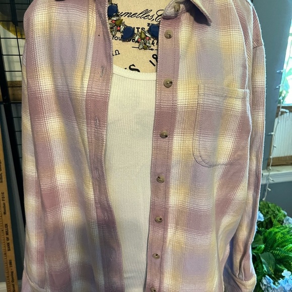 J. Crew Pink and Yellow Plaid Button Down Oversized cotton flannel shirt - Picture 2 of 8